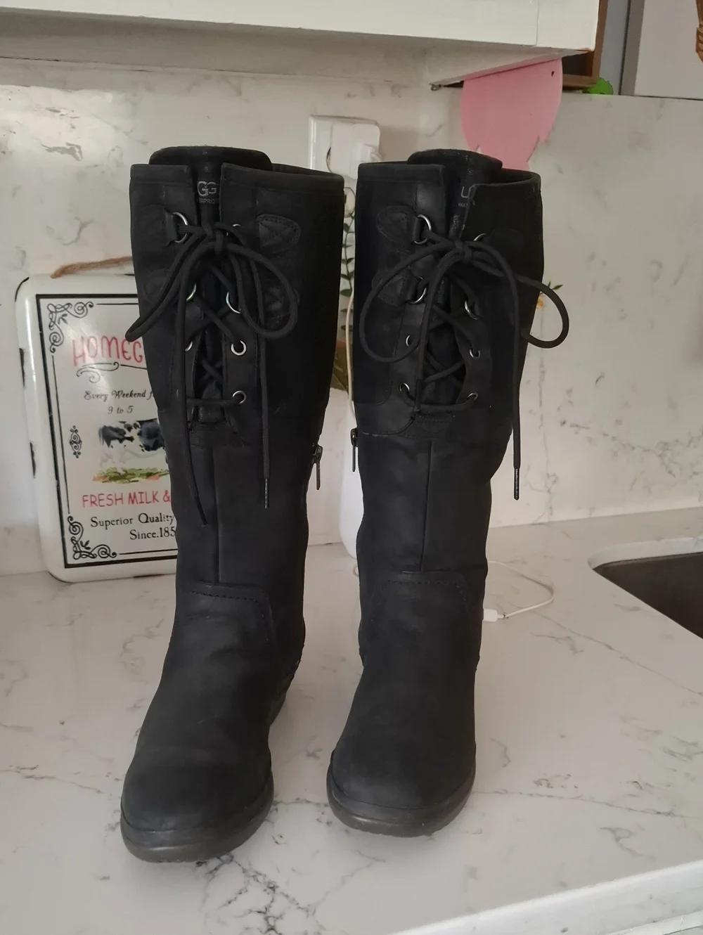UGG Waterproof  Womens Black Lace-Up Mid-Calf Boots with Side Zippers